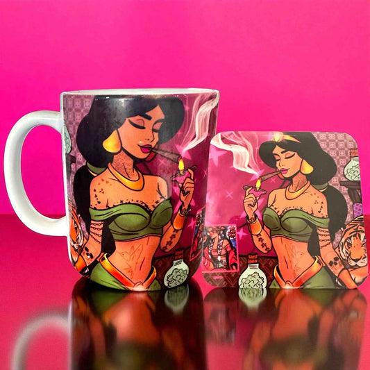 Green Genie Ganja Girl Mug + Coaster Gift Set | ASKMOLS Cannabis-Inspired Stoner Girl Collection