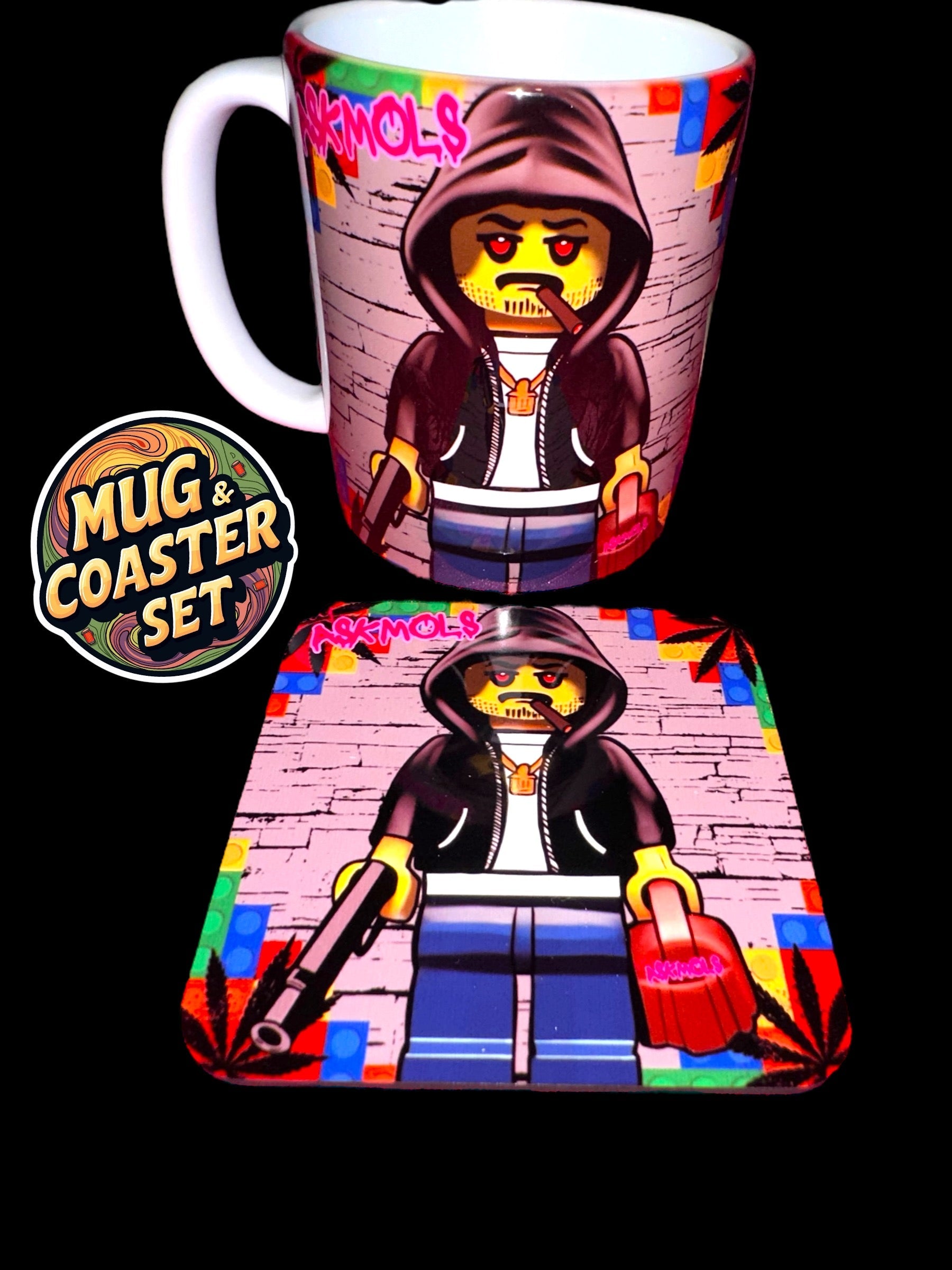 Lego mug and coaster set with gangster-themed design.