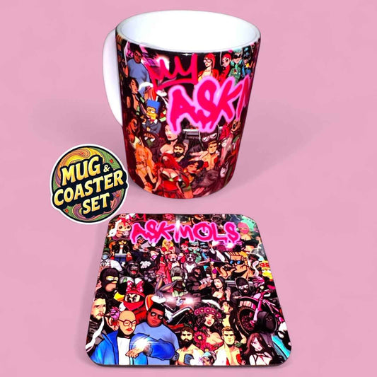 ASKMOLS Collage Mug & Coaster Set | Pop Art Gift Bundle | 200+ Hours of Hand-Drawn Artwork