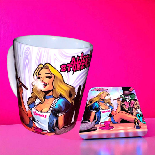 Alice Stonerland Mug & Coaster Set | Stoner Gift Bundle | Cannabis Pop Art by ASKMOLS