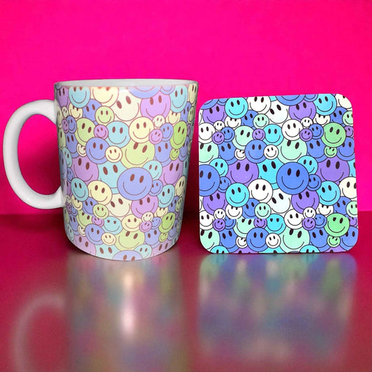 Pastel Smiley Mug & Coaster Set | Cute Gift Bundle | Colourful Pop Art by ASKMOLS