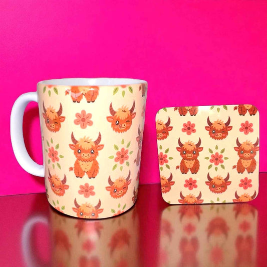 Highland Cow Mug & Coaster Gift Set | ASKMOLS Cute Cow Print Drinkware