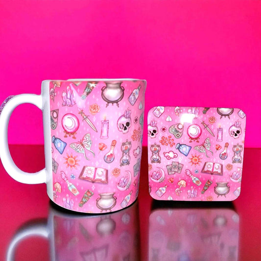 Witchy Pink Mug & Coaster Gift Set | ASKMOLS Magical Crystal Coffee Bundle